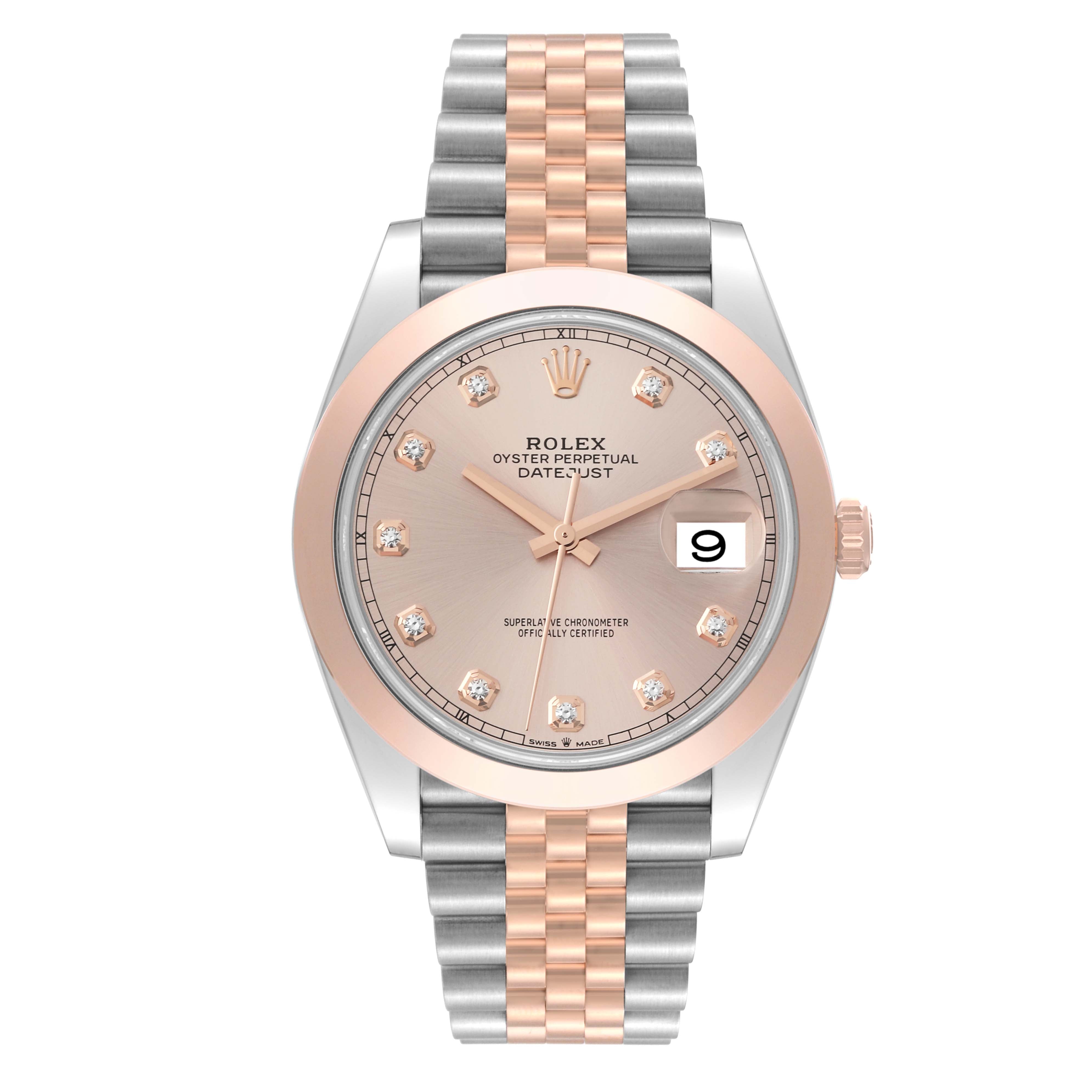 Rolex Datejust 41mm RG Smooth Bezel Sundust Diamond Dial Jubilee Band 2 Tone 18k Rose Gold & Stainless Steel Watch 126301