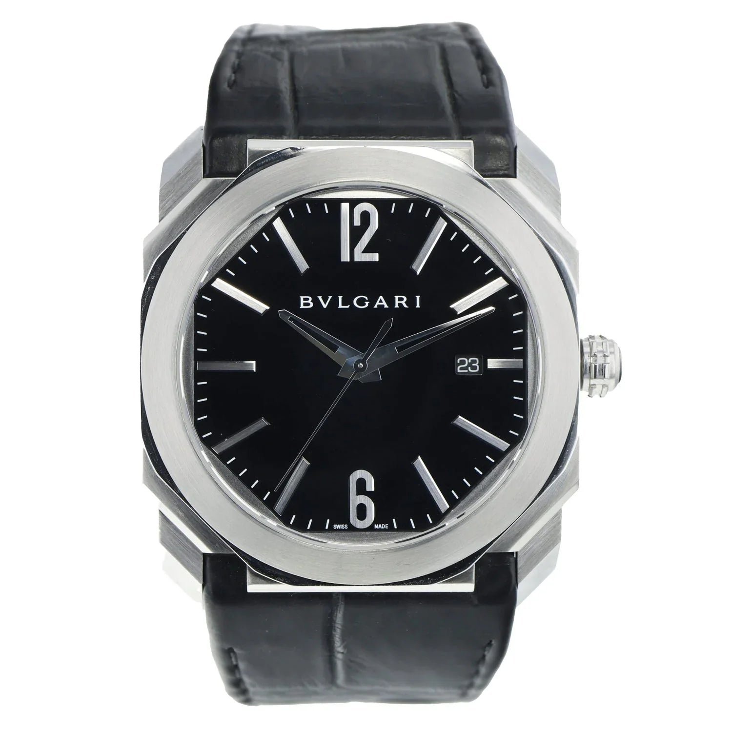 Bvlgari Octo 41mm Black Dial Smooth Bezel Black Leather Band Stainless Steel Watch BGO41S