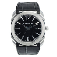 Bvlgari Octo 41mm Black Dial Smooth Bezel Black Leather Band Stainless Steel Watch BGO41S