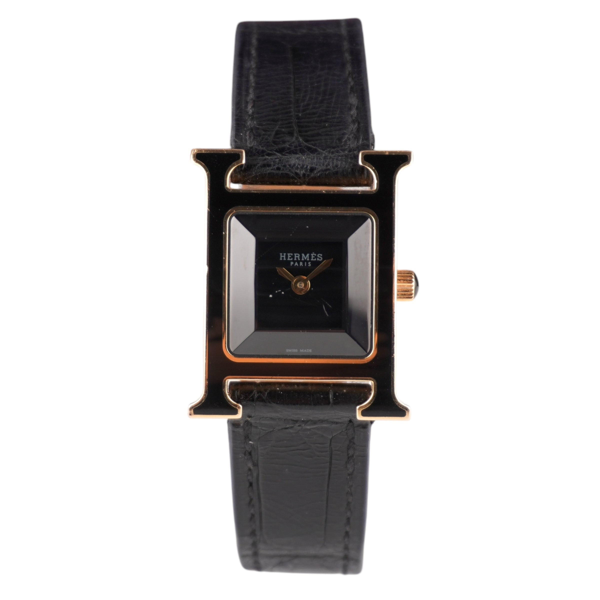 Hermes Heure H 21x30mm Black Dial Black Leather Band 18k Rose Gold Watch HH1.270B