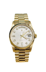 Rolex President Day-Date 18K Yellow Gold Silver Factory Diamond Dial Fluted Bezel Double Quickset Watch 18238
