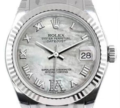 Rolex Datejust 31mm 18k White Gold Fluted Bezel Mother of Pearl Roman Dial Stainless Steel Jubilee Band Watch 178274