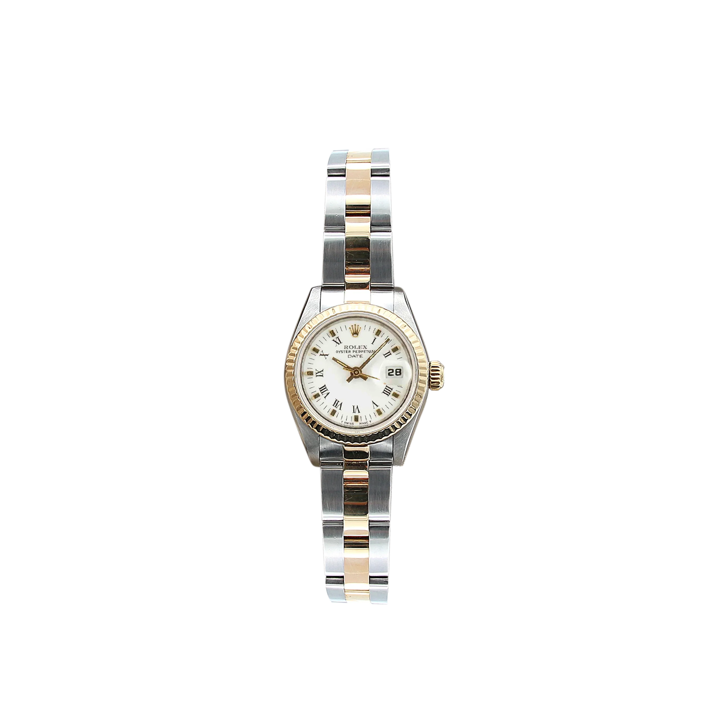 Rolex Datejust 26mm White Roman Dial YG Fluted Bezel Oyster Band Band 2 Tone 18k Yellow Gold & Stainless Steel Watch 69173