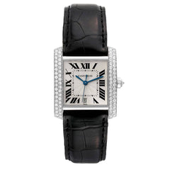 Cartier Tank Francaise 28 x 32 mm 18k White Gold Silver Dial Factory Diamond Bezel Leather Band Watch 2366
