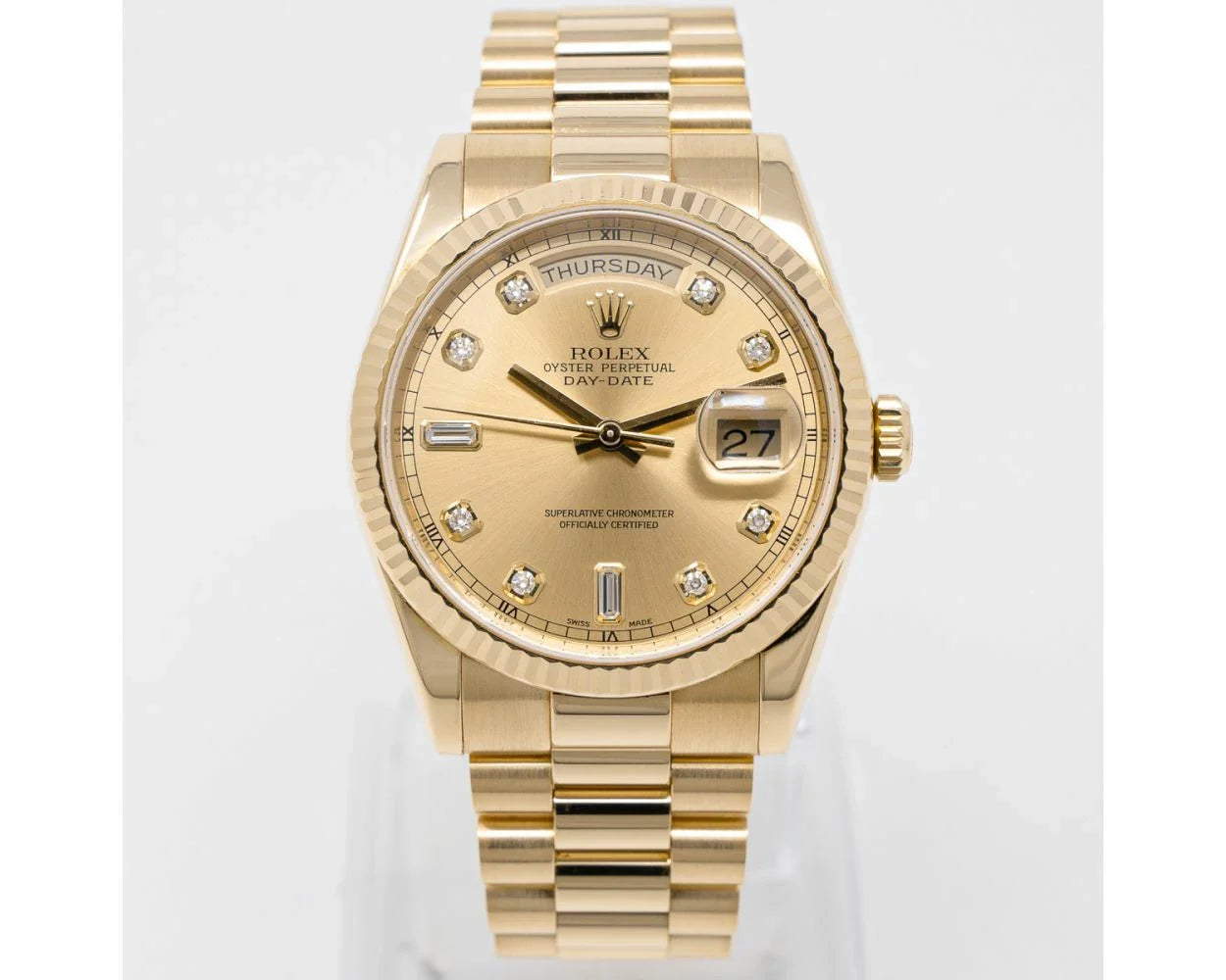 Rolex President Day-Date 18K Yellow Gold Champagne Factory Diamond Dial Fluted Bezel Double Quickset Watch 118238