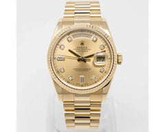 Rolex President Day-Date 18K Yellow Gold Champagne Factory Diamond Dial Fluted Bezel Double Quickset Watch 118238