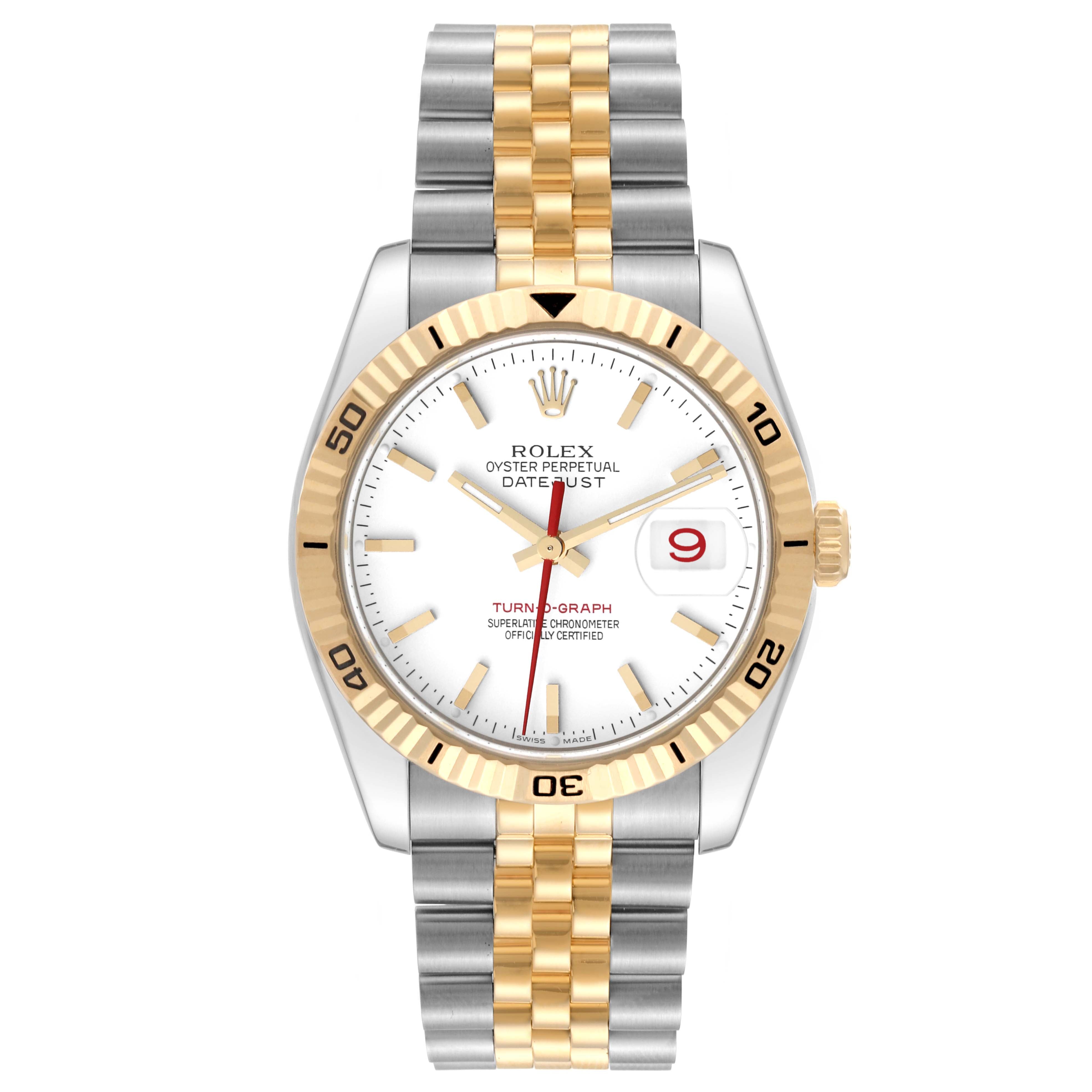 Rolex Datejust Turnograph 36mm 2 Tone 18k Yellow Gold & Stainless Steel White Dial Fluted Bezel Jubilee Steel Watch 116263