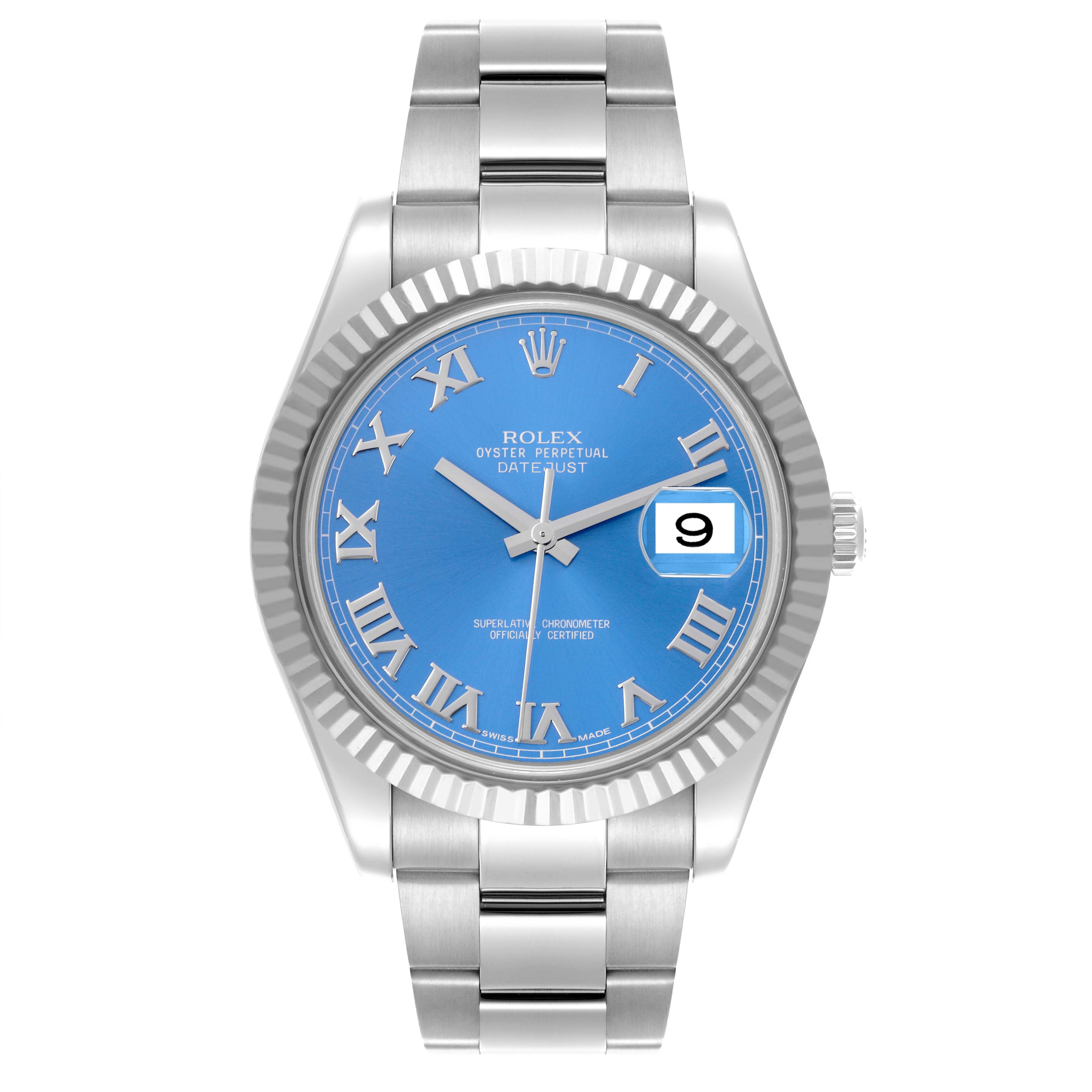 Rolex Datejust 41mm 18k White Gold Fluted Bezel Blue Roman Dial Oyster Stainless Steel Watch 116334