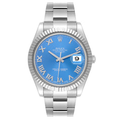 Rolex Datejust 41mm 18k White Gold Fluted Bezel Blue Roman Dial Oyster Stainless Steel Watch 116334