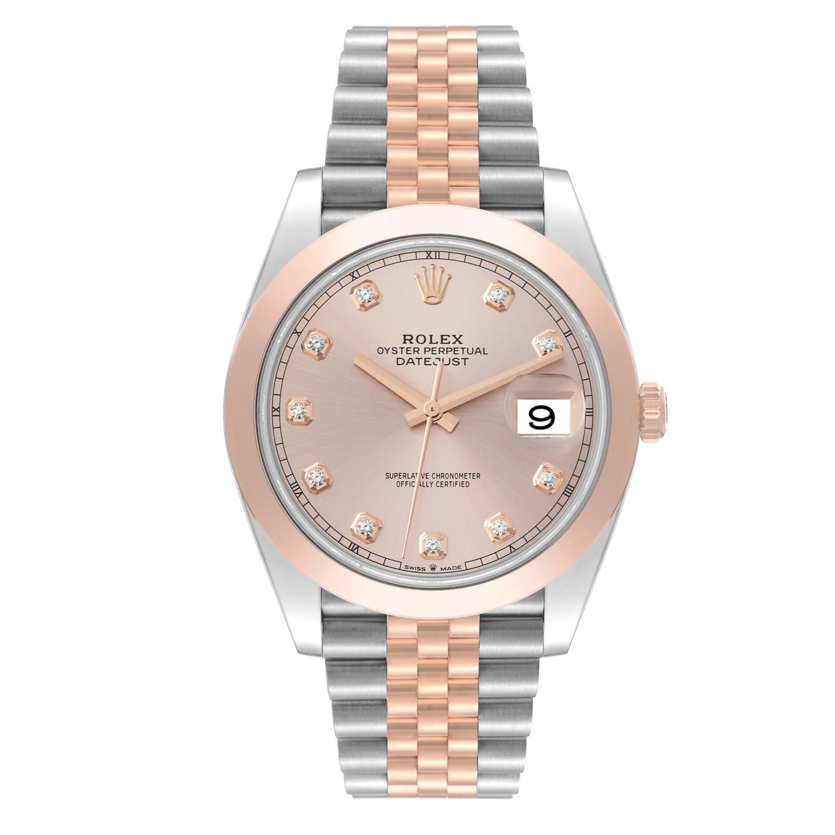 Rolex Datejust 41mm RG Smooth Bezel Sundust Diamond Dial Jubilee Band 2 Tone 18k Rose Gold & Stainless Steel Watch 126301