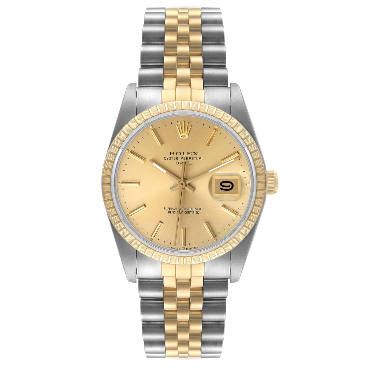 Rolex Date 34mm 2 Tone 18k Yellow Gold & Stainless Steel Silver Dial YG Fluted Bezel Jubilee Watch 15053