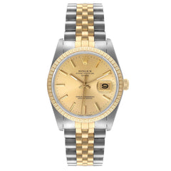 Rolex Date 34mm 2 Tone 18k Yellow Gold & Stainless Steel Silver Dial YG Fluted Bezel Jubilee Watch 15053