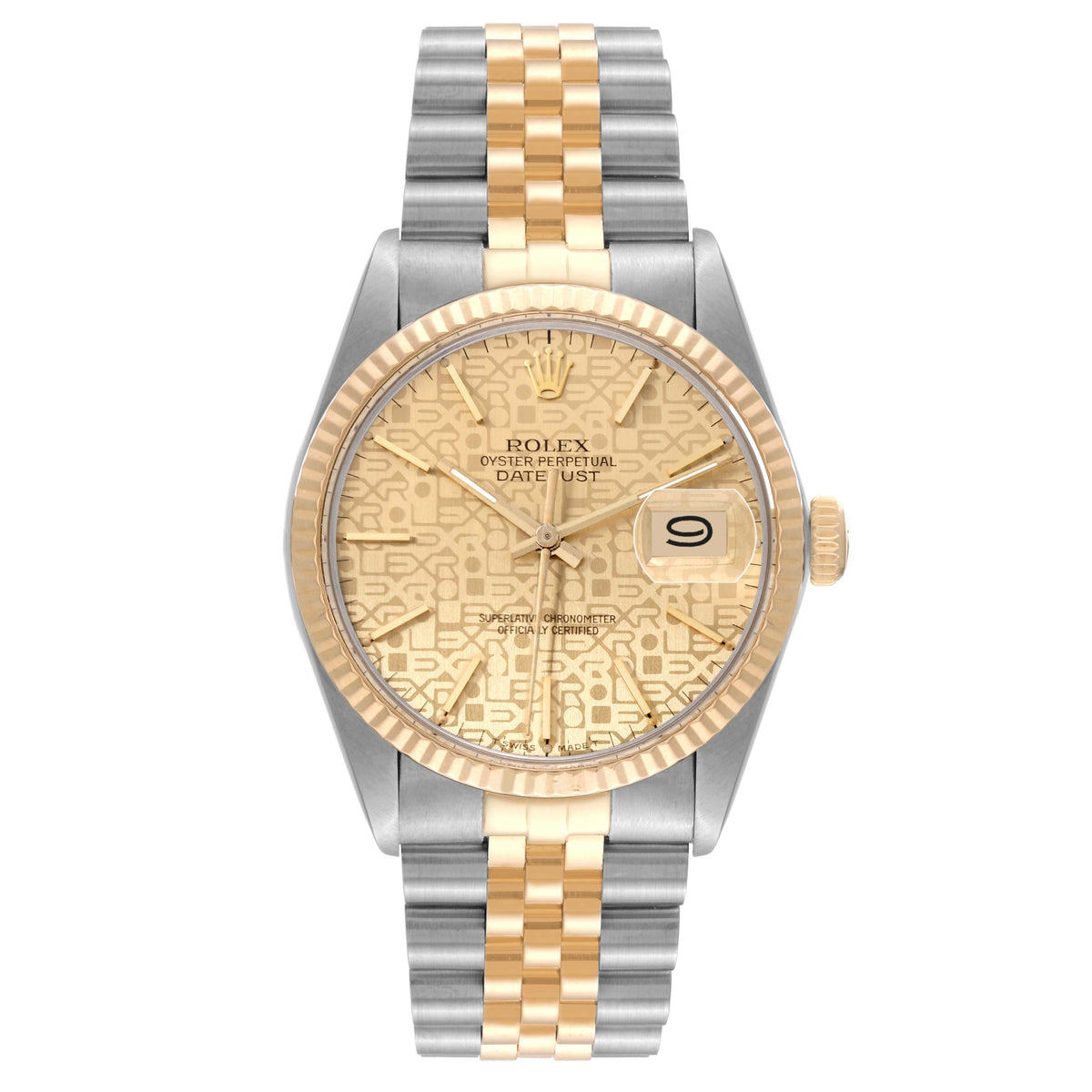 Rolex Datejust 36mm 2 Tone 18k Yellow Gold & Stainless Steel Champagne anniversary dial Fluted Bezel Jubilee Watch 16013