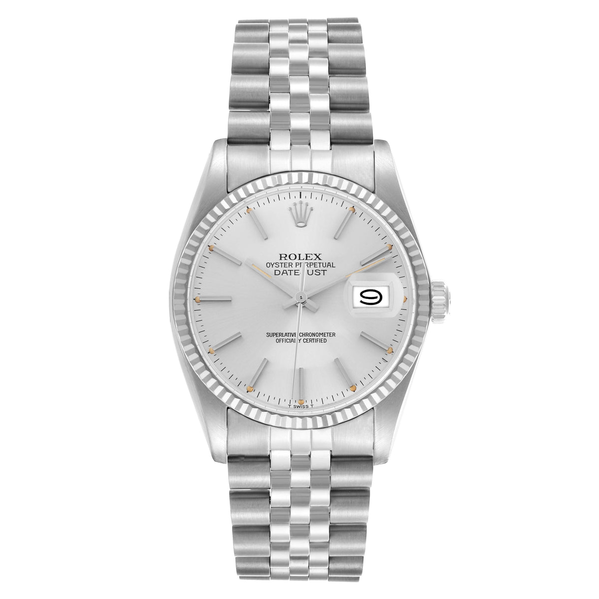 Rolex Datejust 36mm Silver Dial 18k White Gold Fluted Bezel Stainless Steel Jubilee Watch 16014