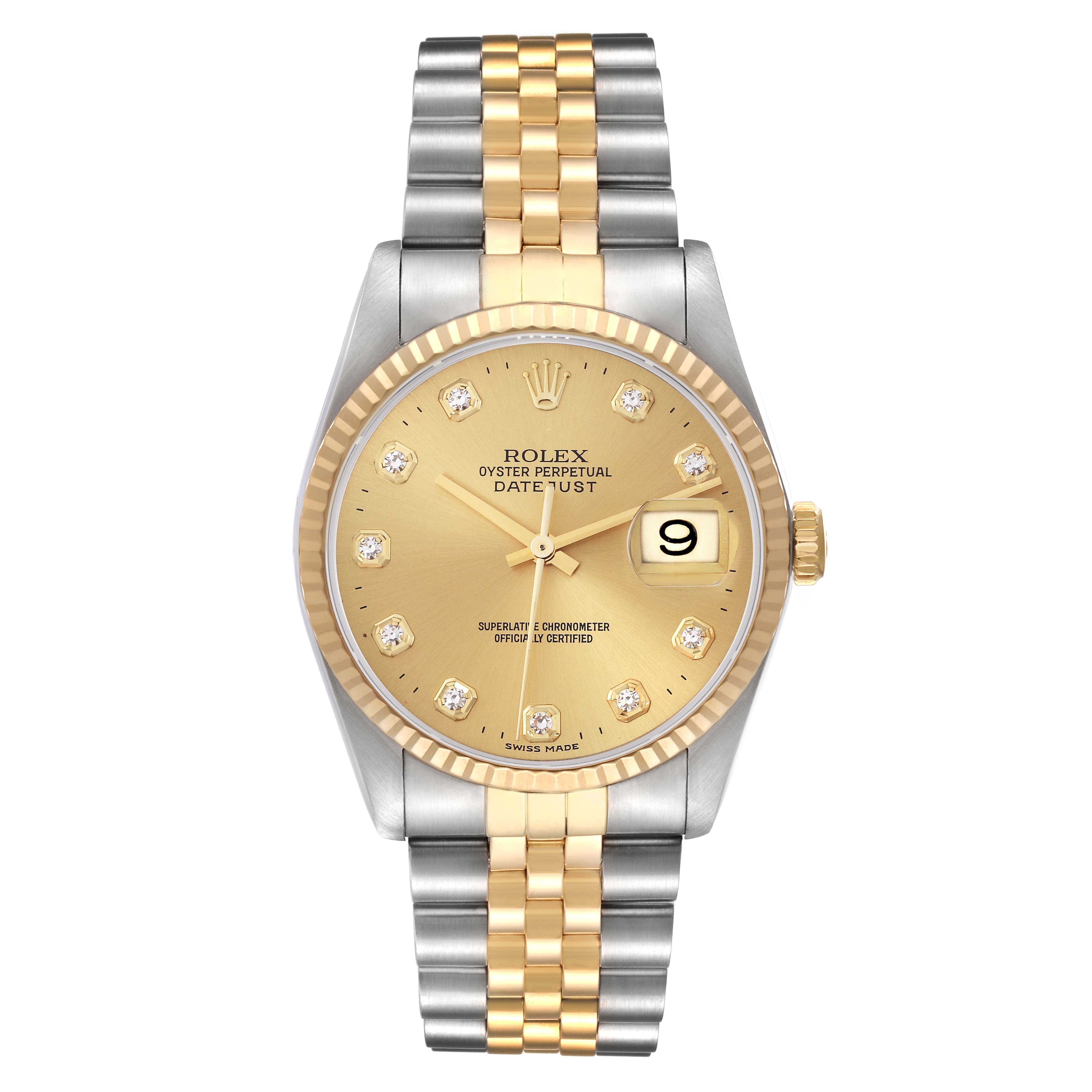 Rolex Datejust 36mm 2 Tone 18k Yellow Gold & Stainless Steel Factory Diamond Champagne Dial Fluted Bezel Jubilee Watch 16233G
