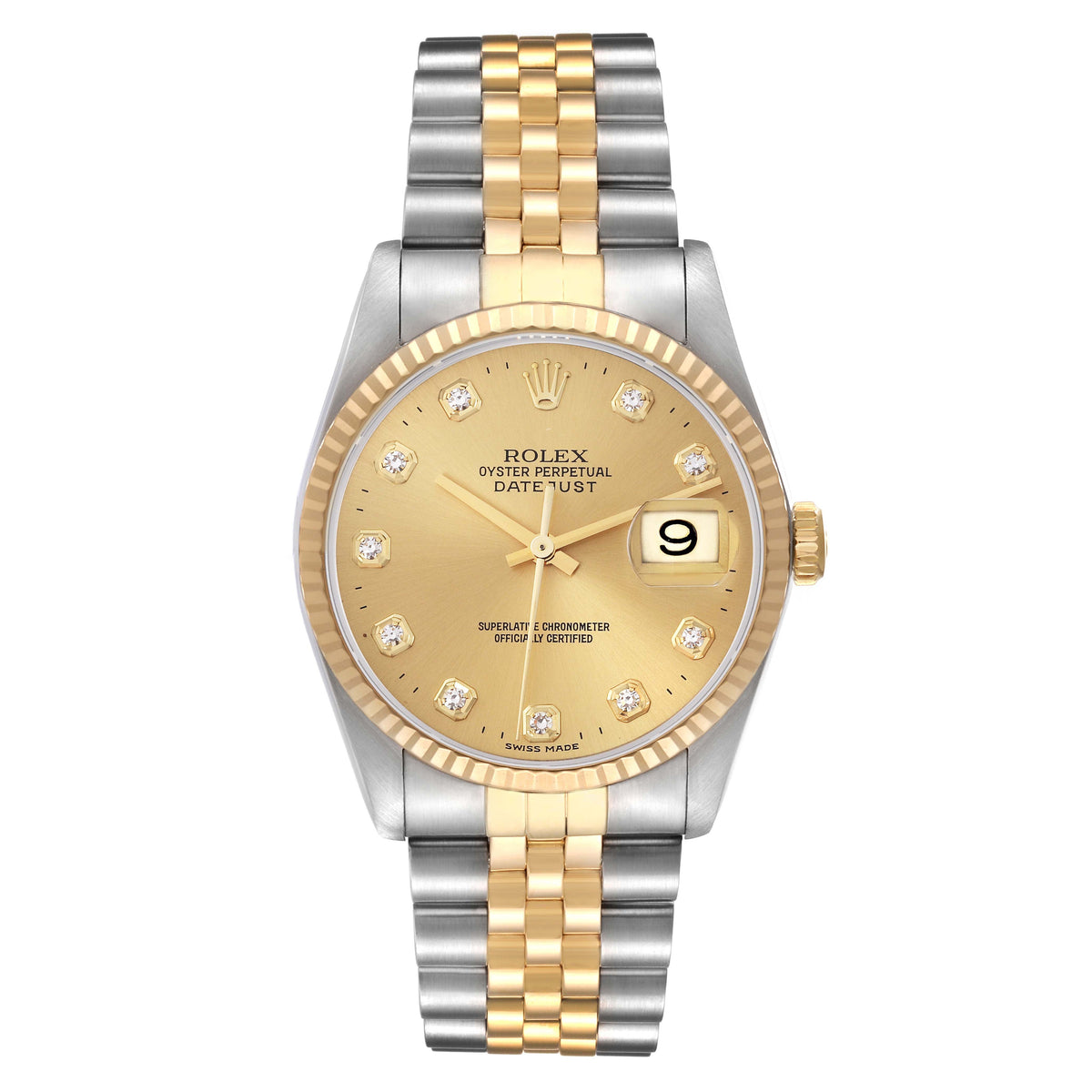 Rolex Datejust 36mm 2 Tone 18k Yellow Gold & Stainless Steel Factory Diamond Champagne Dial Fluted Bezel Jubilee Watch 16233G