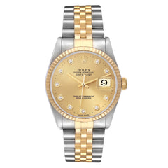 Rolex Datejust 36mm Champagne Gold Factory Diamond Dial 18k Fluted Bezel Jubilee Band 2 Tone 18k Yellow Gold & Stainless Steel Watch 16233
