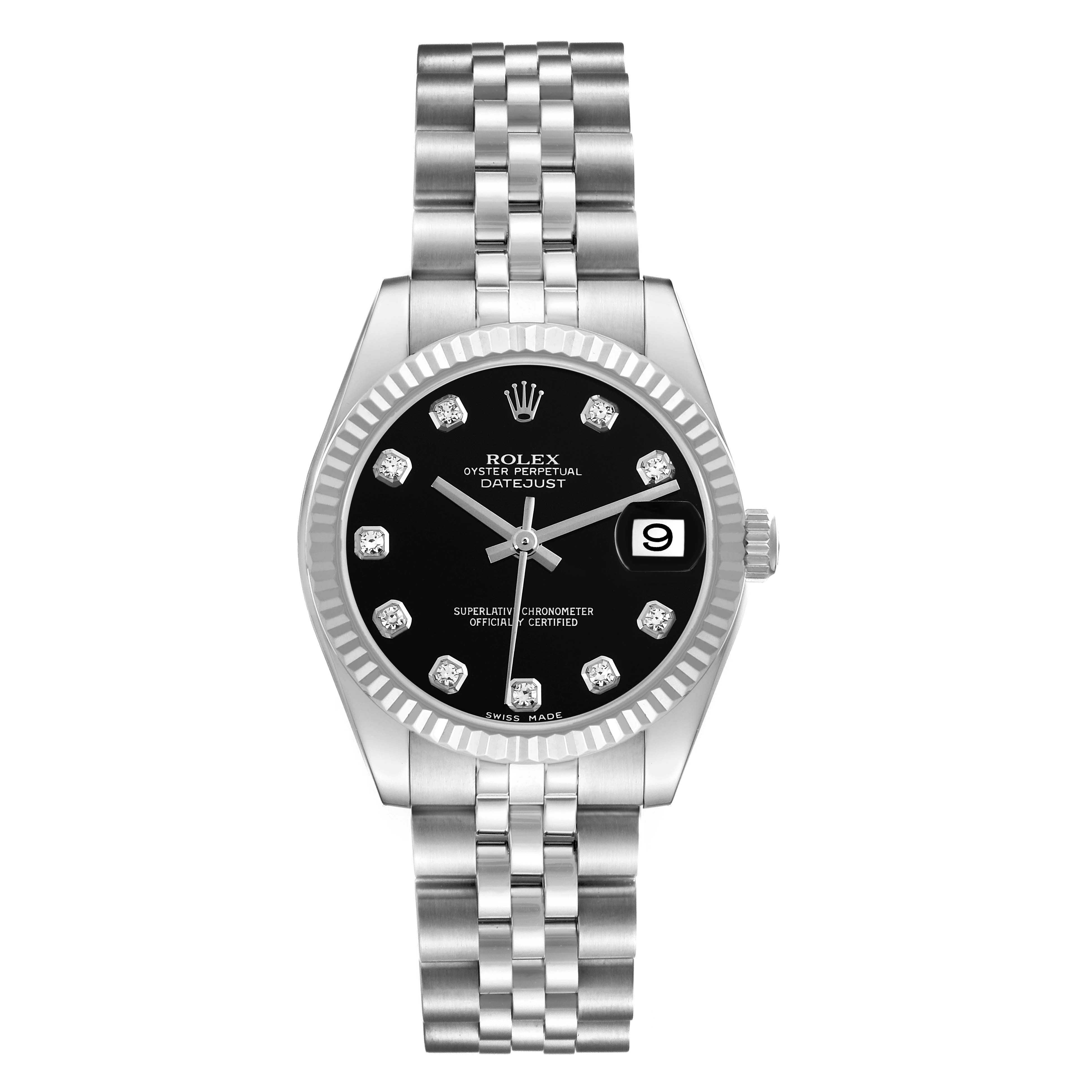 Rolex Datejust 31mm Stainless Steel 18k White Gold Fluted Bezel Black Diamond Dial Jubilee Watch 178274