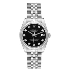 Rolex Datejust 31mm Stainless Steel 18k White Gold Fluted Bezel Black Diamond Dial Jubilee Watch 178274