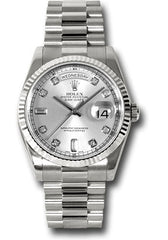 Rolex Day Date President 41mm 18k White Gold Fluted Bezel Silver Baguette Diamond Dial Watch 218239