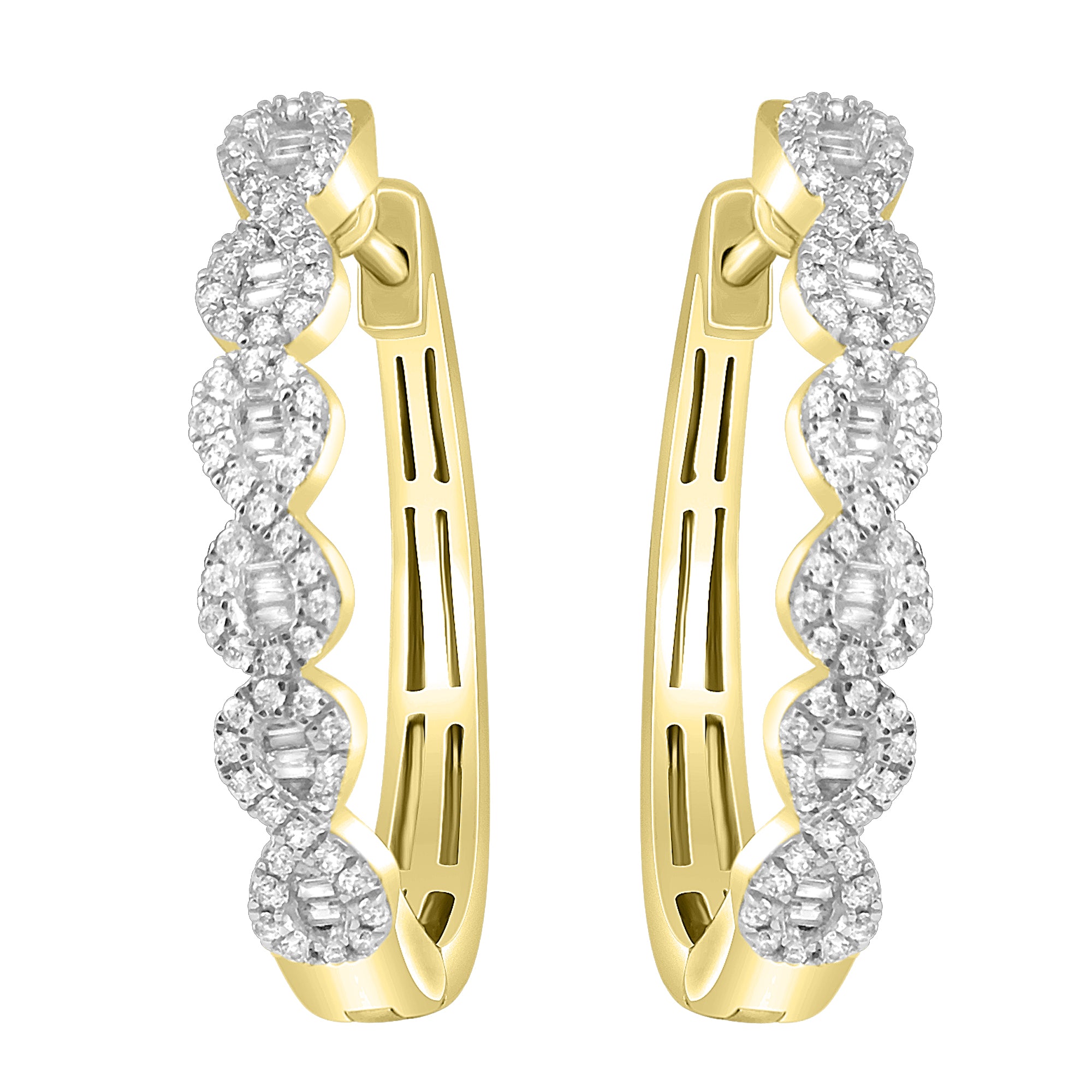 LADIES HOOP EARRINGS 0.75CT ROUND/BAGUETTE DIAMOND 10K YELLOW GOLD