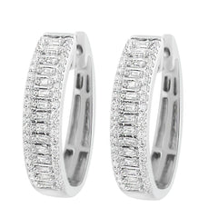 LADIES HOOP EARRINGS 0.50CT ROUND/BAGUETTE DIAMOND 10K WHITE GOLD