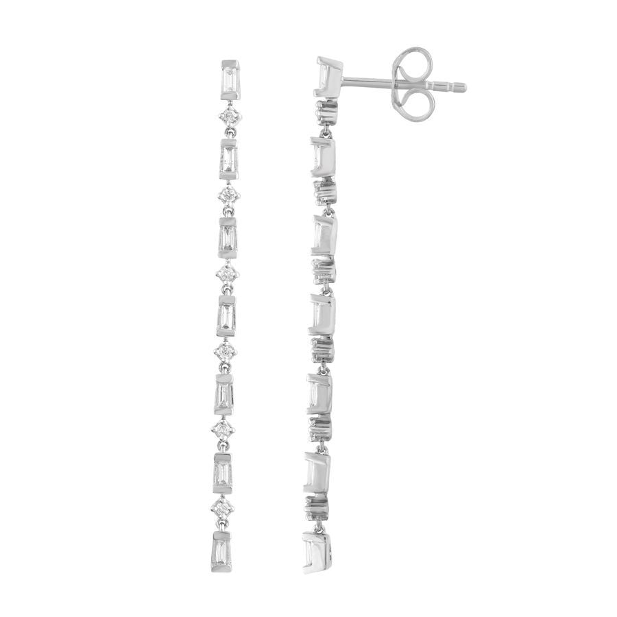 LADIES EARRINGS 0.50CT ROUND/BAGUETTE DIAMOND 10K WHITE GOLD(SI QUALITY)