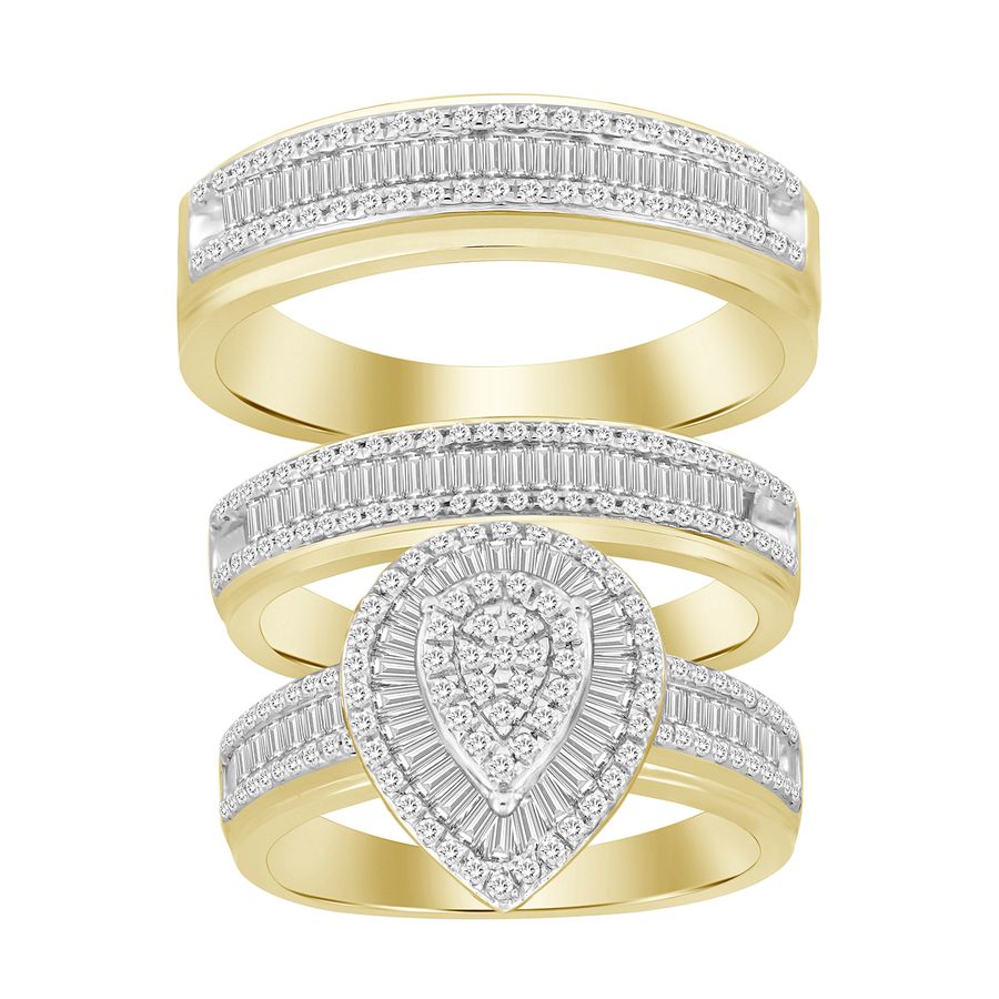 LADIES TRIOS SET 1.00CT ROUND/BAGUETTE DIAMOND 14K YELLOW GOLD