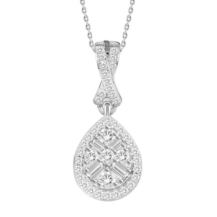 LADIES PENDANT WITH CHAIN 0.20CT ROUND/BAGUETTE DIAMOND 10K WHITE GOLD