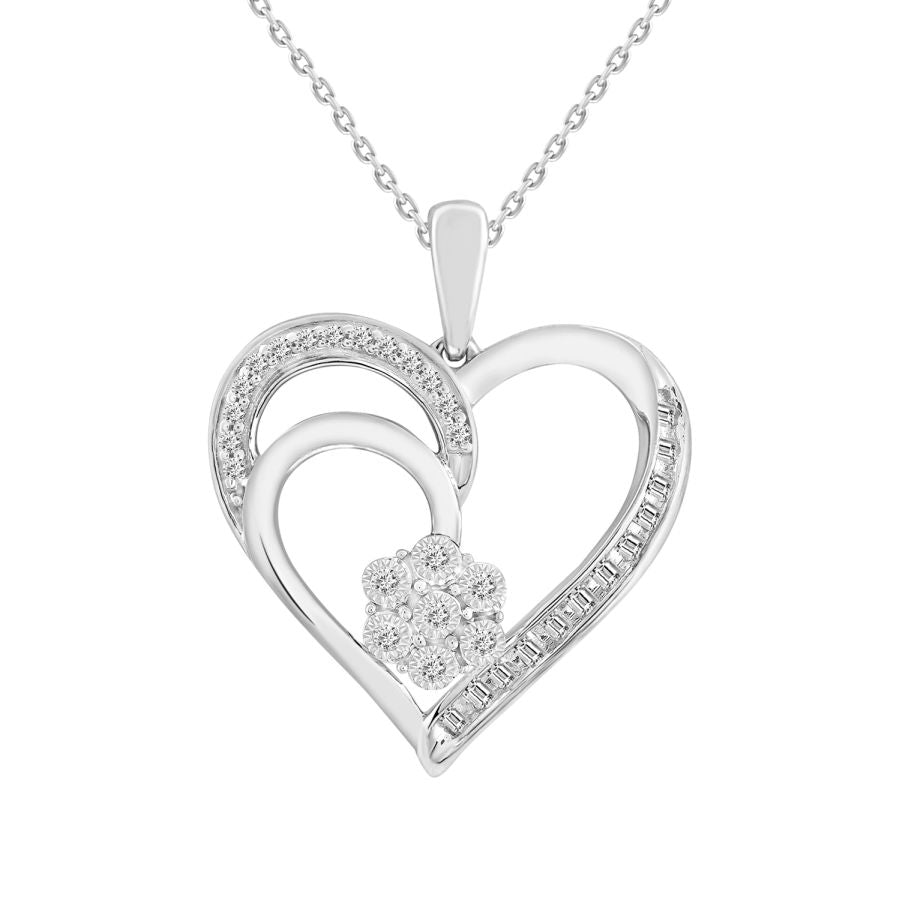 LADIES PENDANT 0.10CT ROUND/BAGUETTE DIAMOND 10K WHITE GOLD