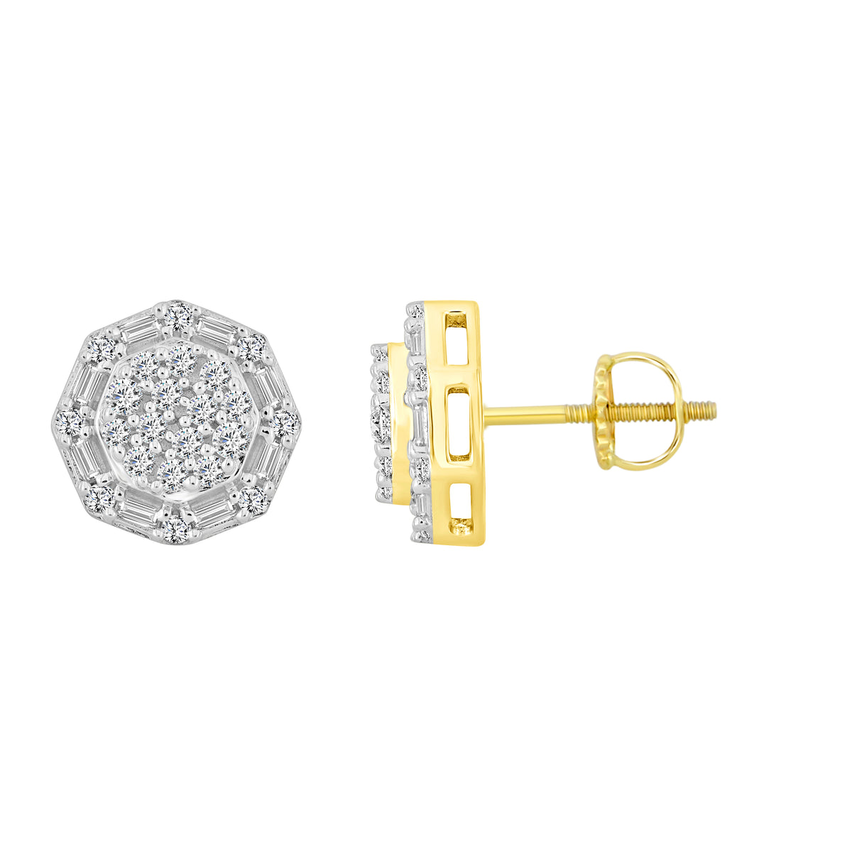 LADIES EARRINGS 0.50CT ROUND/BAGUETTE DIAMOND 10K YELLOW GOLD