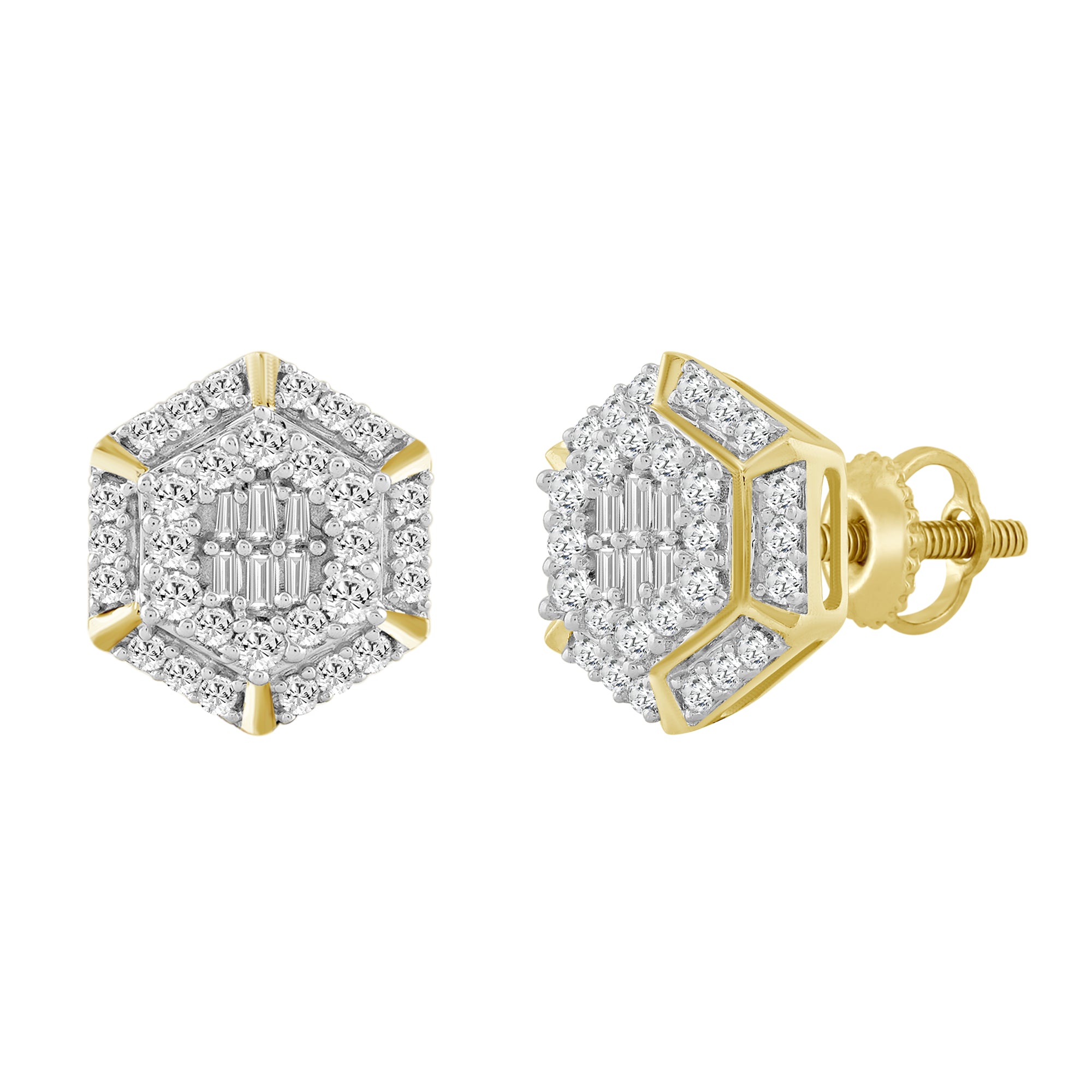 LADIES EARRINGS 0.50CT ROUND/BAGUETTE DIAMOND 10K YELLOW GOLD