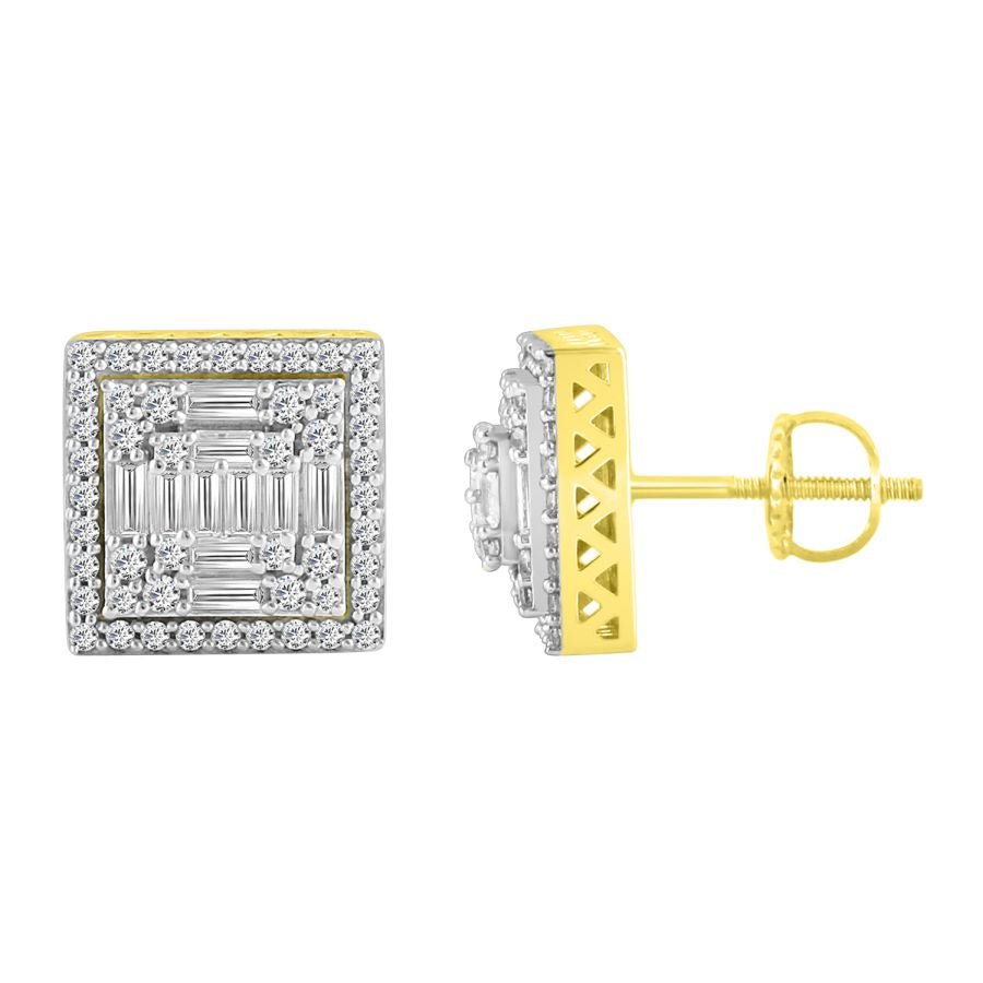 LADIES STUD EARRINGS 1.00CT ROUND/BAGUETTE DIAMOND 10K YELLOW GOLD