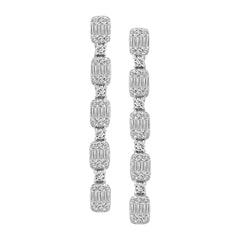 LADIES LINEAR EARRINGS 1.00CT ROUND/BAGUETTE DIAMOND 14K WHITE GOLD