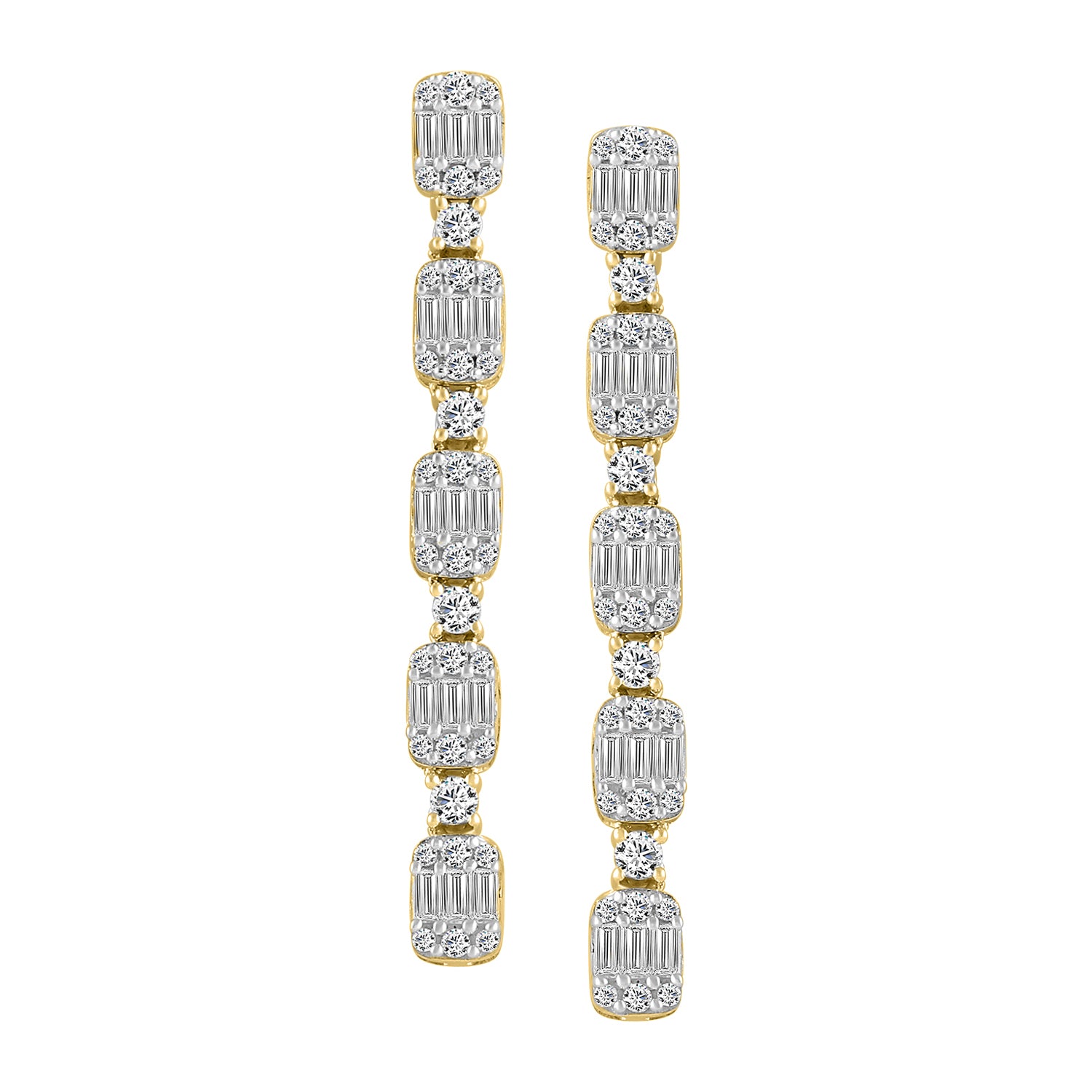 LADIES LINEAR EARRINGS 1.00CT ROUND/BAGUETTE DIAMOND 14K YELLOW GOLD