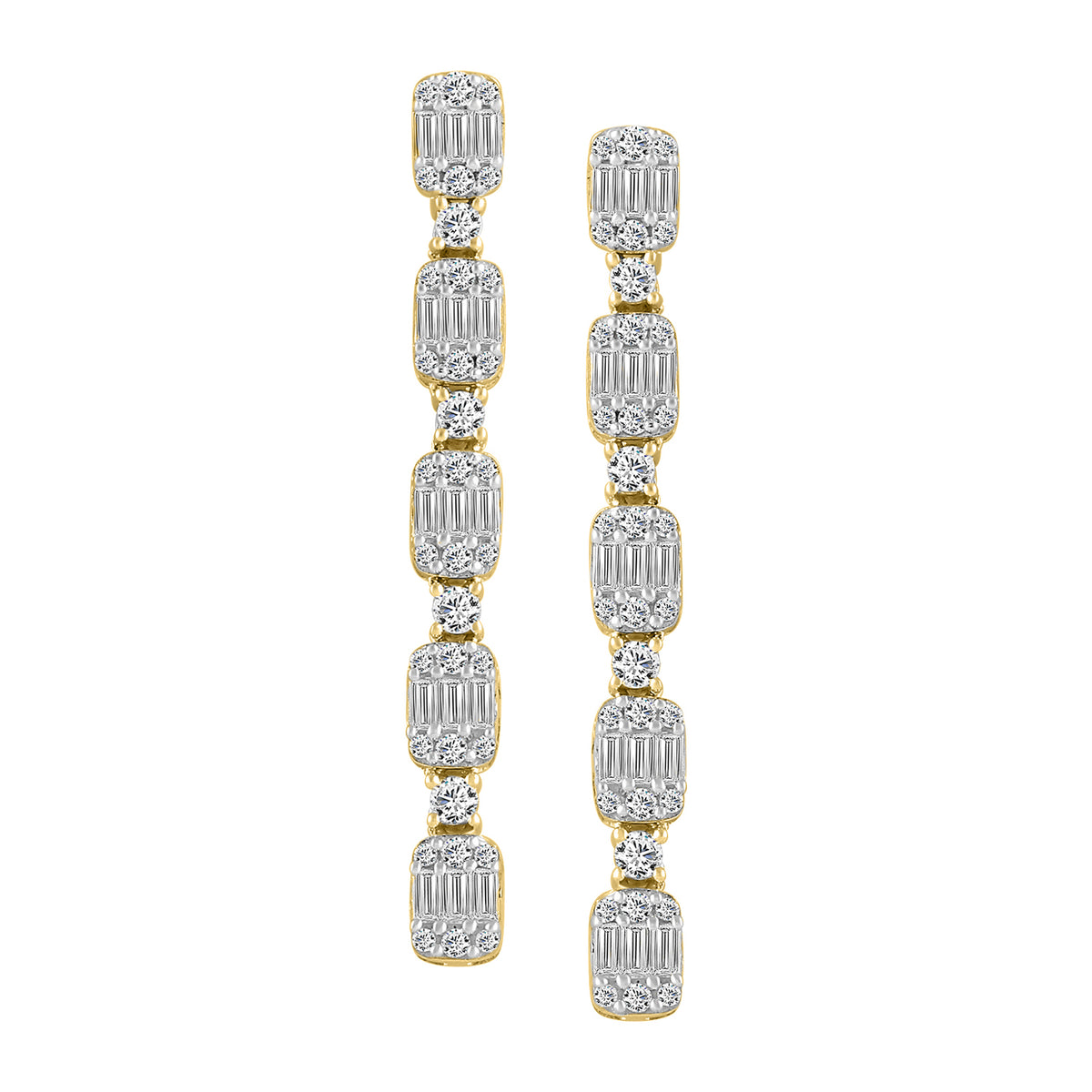 LADIES LINEAR EARRINGS 1.00CT ROUND/BAGUETTE DIAMOND 14K YELLOW GOLD