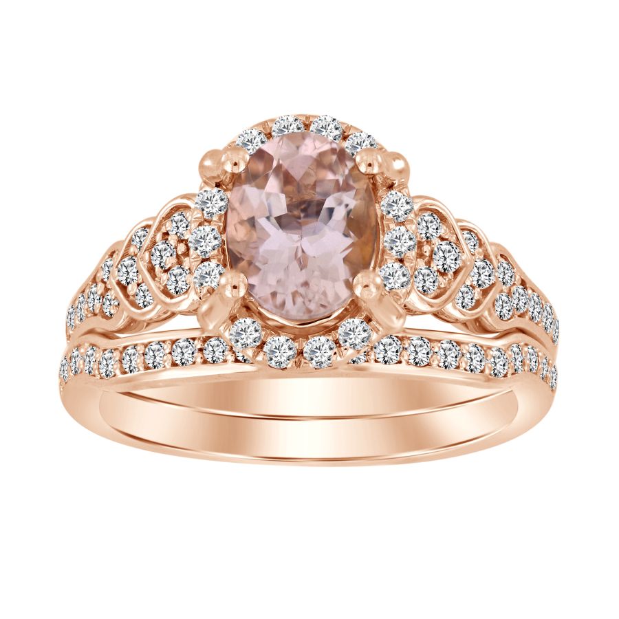 LADIES BRIDAL SET 1.65CT ROUND/OVAL DIAMOND 14K ROSE GOLD (CENTER STONE PEACH MORGANITE OVAL DIAMOND-1.13CT)