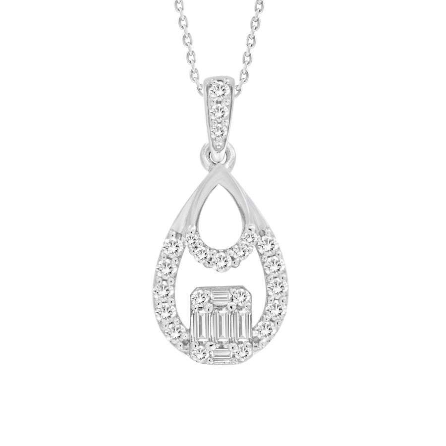 LADIES  PENDANT WITH CHAIN 0.25CT ROUND/BAGUETTE DIAMOND 10K WHITE GOLD