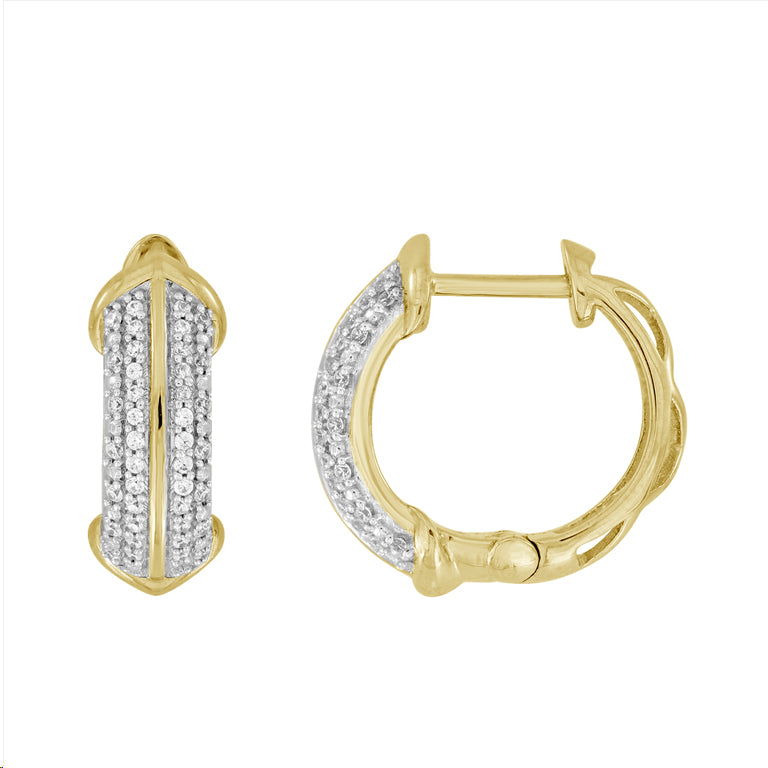 LADIES HOOPS EARRINGS 0.16CT ROUND DIAMOND 10K YELLOW GOLD