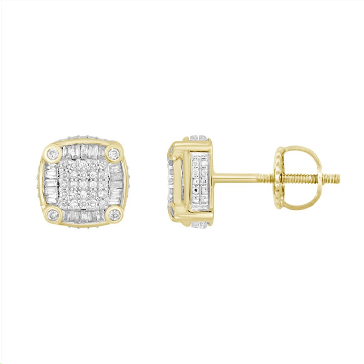 LADIES EARRINGS 0.25CT ROUND/BAGUETTE DIAMOND 10K YELLOW GOLD