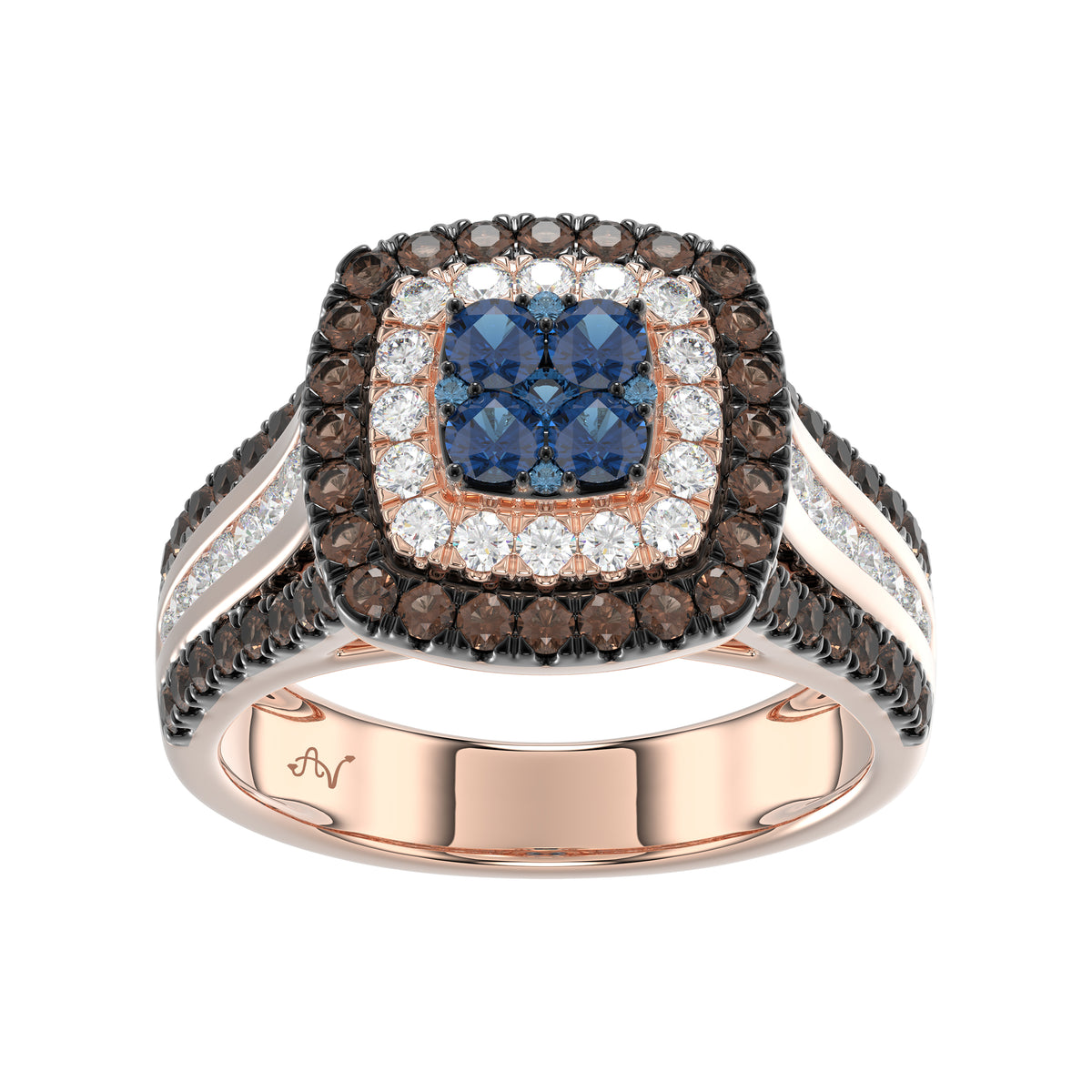 Bold And Elegant 14K Rose Gold Ladies Ring Featuring 1.50Ct Round Diamonds In Blue, Dark Brown , And White Tones. A Striking Multi-Stone Design Perfec
