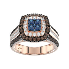 Bold And Elegant 14K Rose Gold Ladies Ring Featuring 1.50Ct Round Diamonds In Blue, Dark Brown , And White Tones. A Striking Multi-Stone Design Perfec