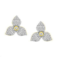 LADIES EARRINGS 0.30CT ROUND/BAGUETTE DIAMOND 14K YELLOW GOLD