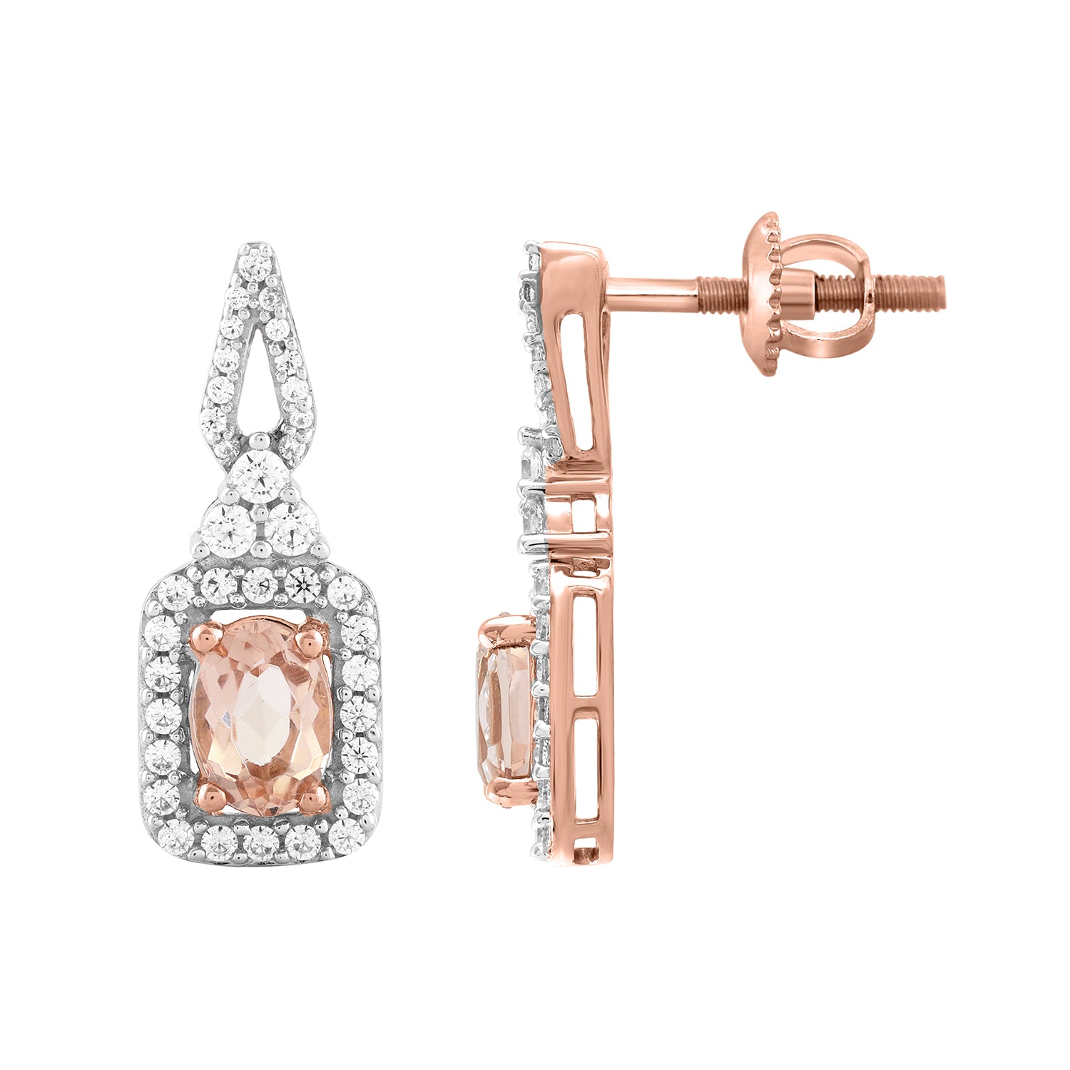 LADIES EARRINGS 1.50CT ROUND/OVAL DIAMOND 14K ROSE GOLD (CENTER STONE 1.00 CT OVAL DIAMOND)