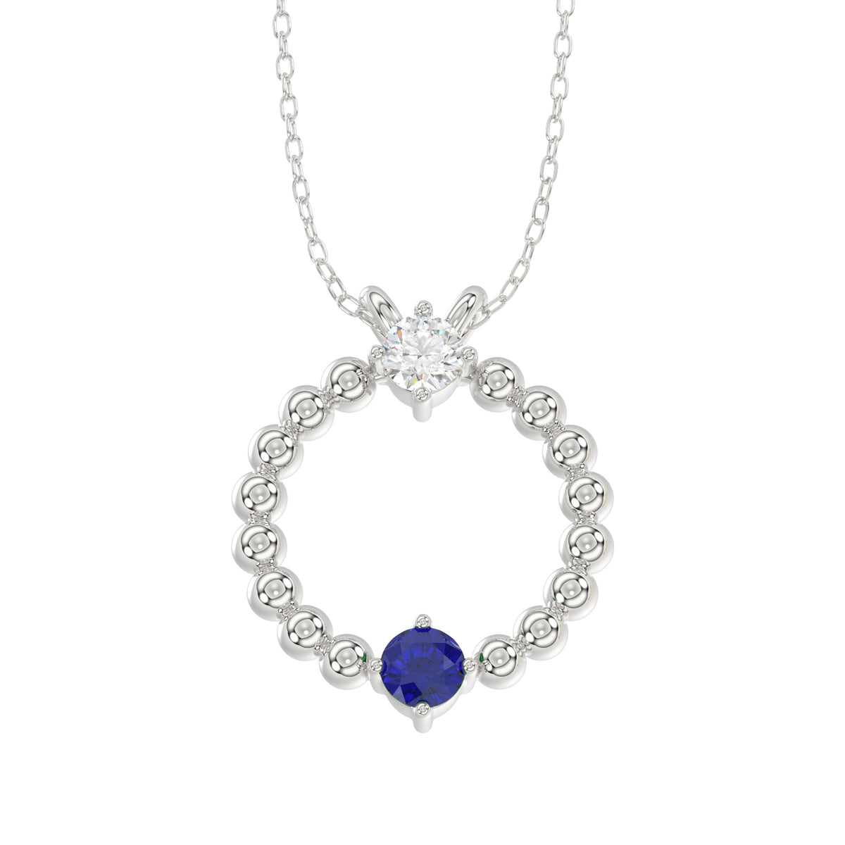 LADIES PENDANT WITH CHAIN 0.15CT ROUND/BLUE SAPPHIRE DIAMOND 14K WHITE GOLD (CENTER STONE ROUND BLUE SAPPHIRE-0.10CT)