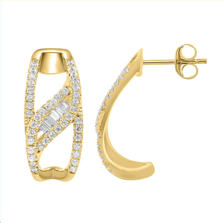 LADIES HOOPS EARRING 0.33CT BAGUETTE/ROUND DIAMOND 14K YELLOW GOLD