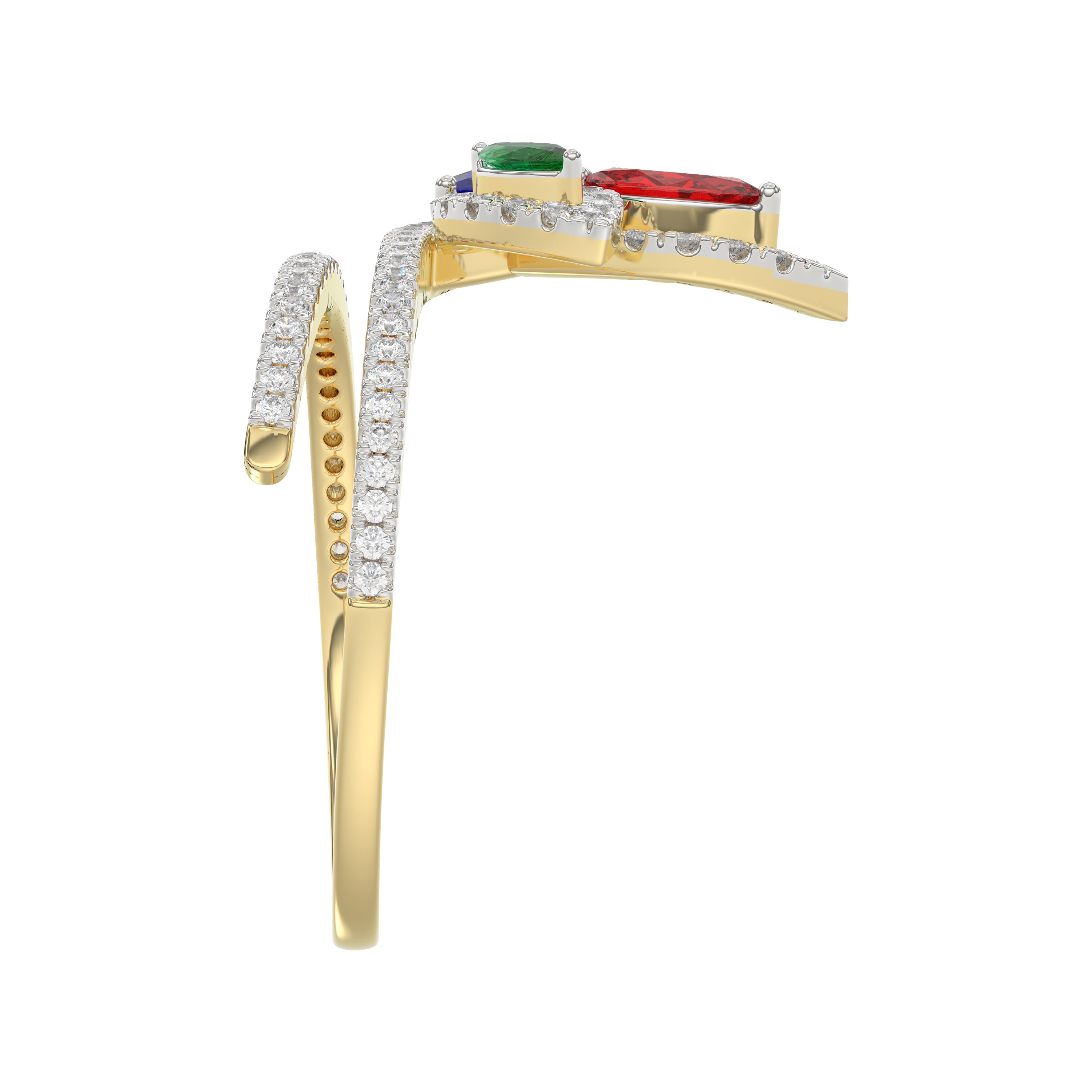 Elegant Multi-Stone 14K White Gold 0.75Ct Ladies Ring With Ruby, Sapphire, Emerald, And Marquise Diamonds. A Classic And Colorful Luxury Jewelry Piece