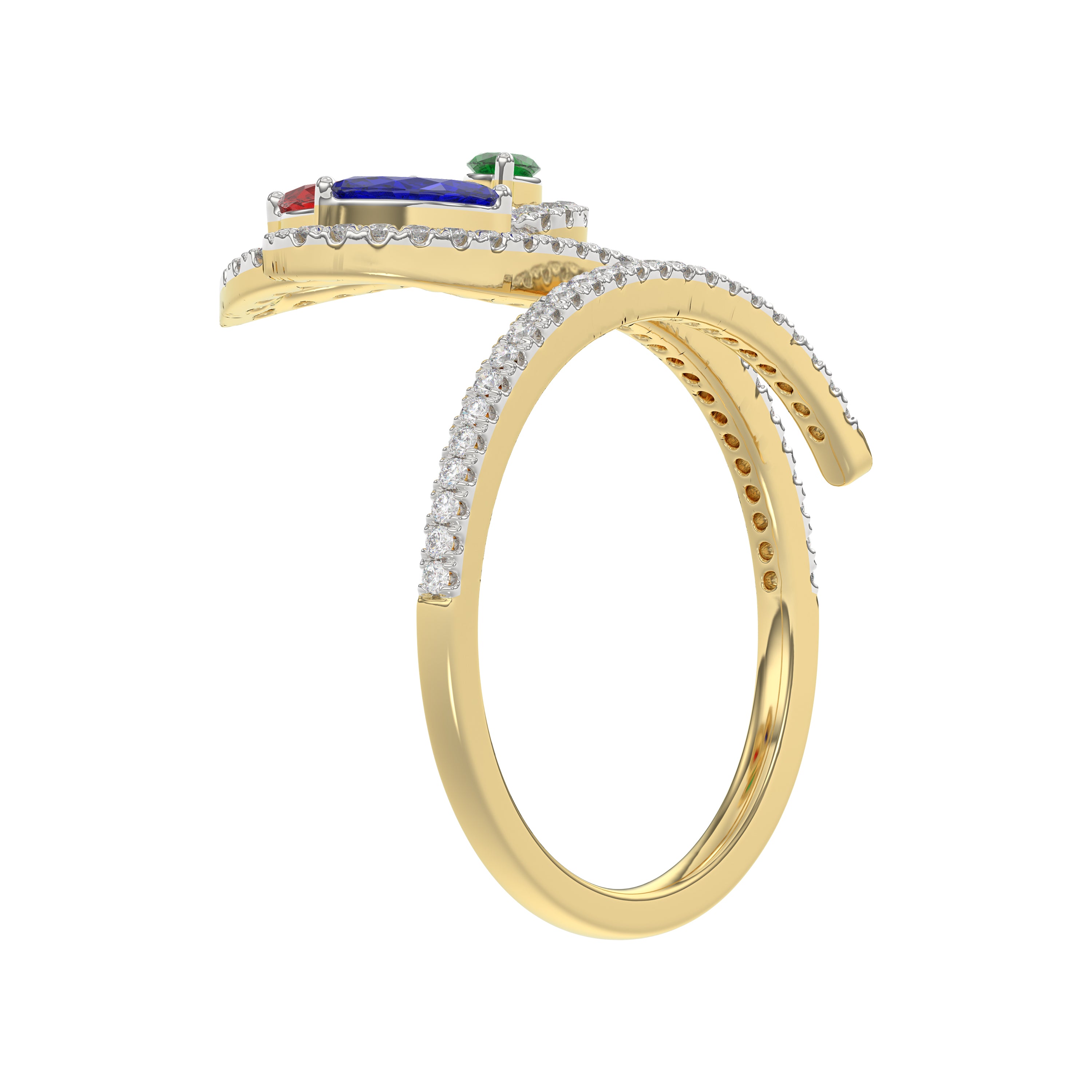 Elegant Multi-Stone 14K White Gold 0.75Ct Ladies Ring With Ruby, Sapphire, Emerald, And Marquise Diamonds. A Classic And Colorful Luxury Jewelry Piece
