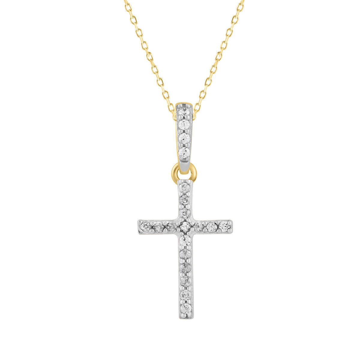 Elegant Sterling Silver Yellow Cross Pendant With Chain 0.05CT Round Diamond