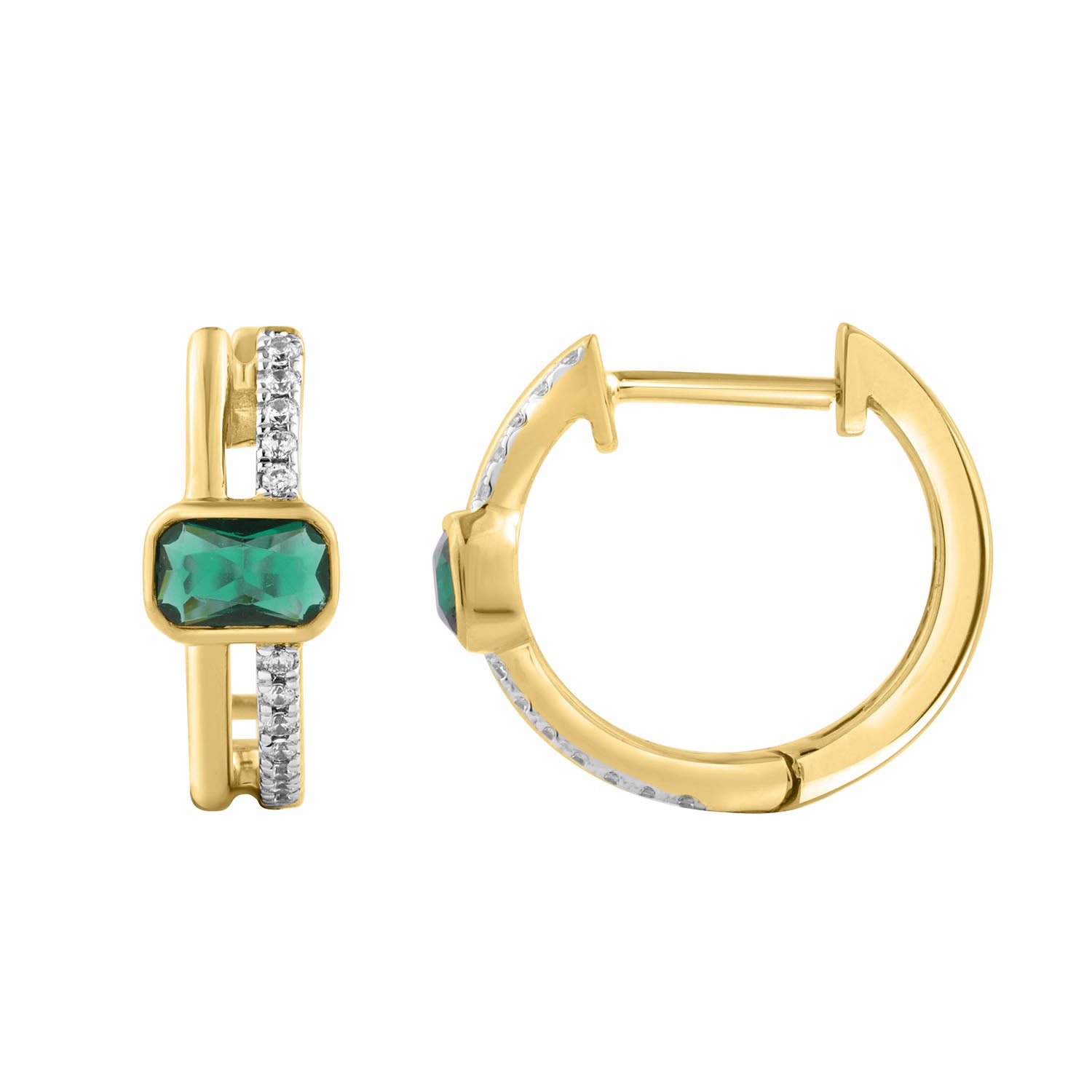 LADIES HOOP EARRINGS 0.60CT ROUND/EMERALD DIAMOND 14K YELLOW GOLD